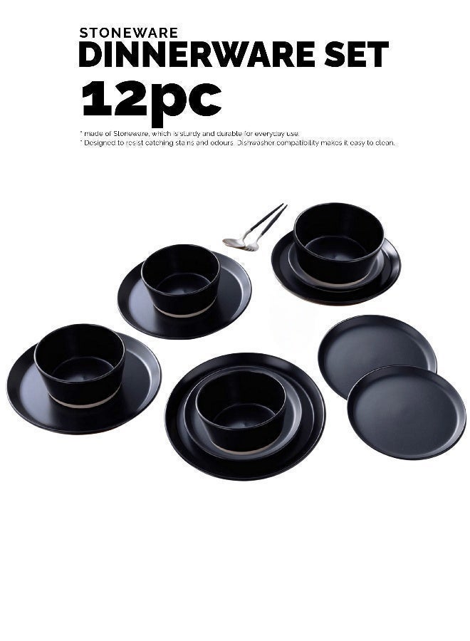 Feelings 12-Piece Stoneware Dinner Set includes 4 x 10.5" Dinner Plate , 4 x 8" Salad Plate , 4 x 6" Bowl, Serves 4, Black - Image 4